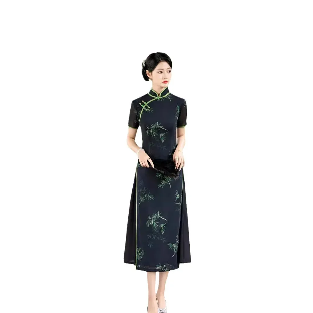 Yourqipao черный китайский традиционный Cheongsam новый стиль 2024 молодой облегающее