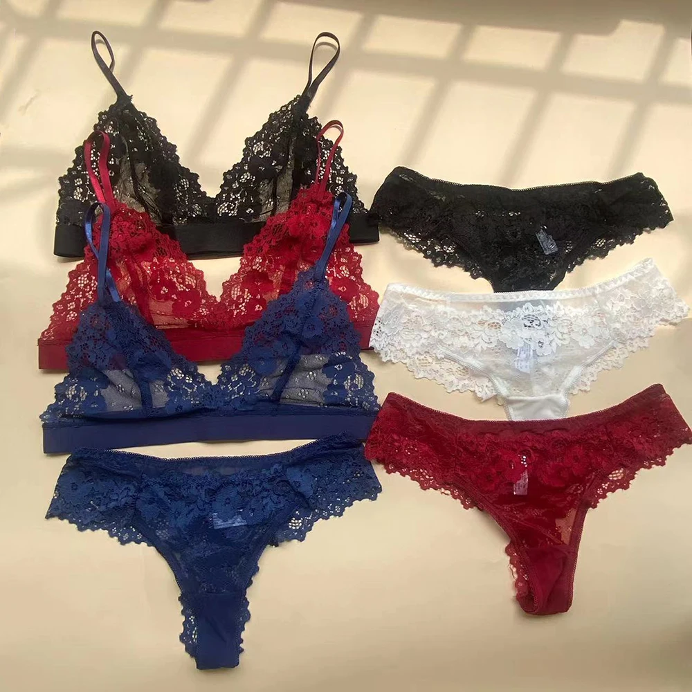 

1 Set Women Lace Lingerie Sexy Lace Bra Thongs Set Bralette Breathable Unline Tops Bras Low Waist Panties Female Underwear