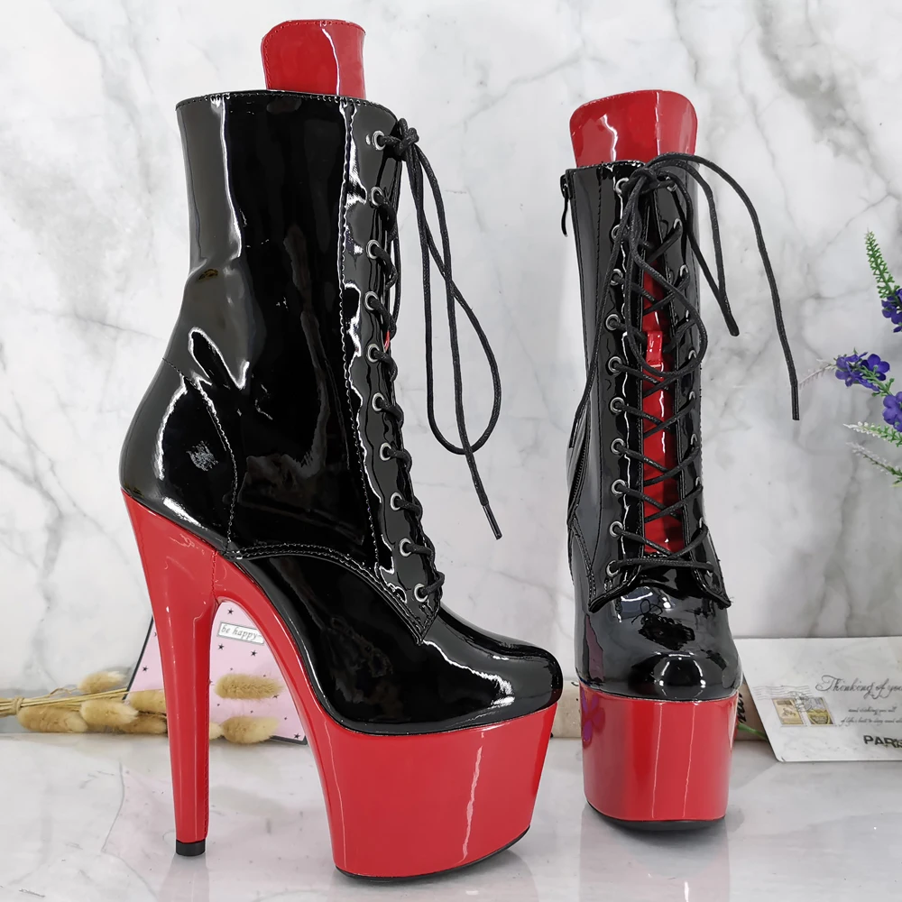 Leecabe Shinny Black Upper with RED Platform 17CM/7inches Pole dancing High Heel platform Pole Dance Boots