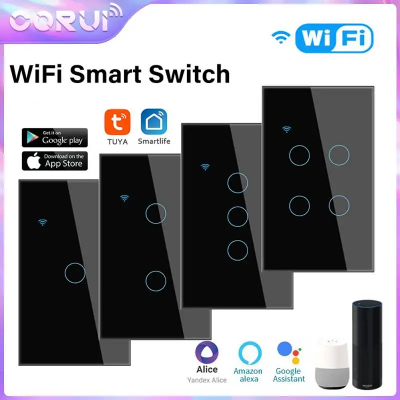 

Corui Tuya WiFi Smart Touch Switch 1/2/3/4gang US Neutral Wire Light Wall Button Voice Control Work With Alexa Google Home