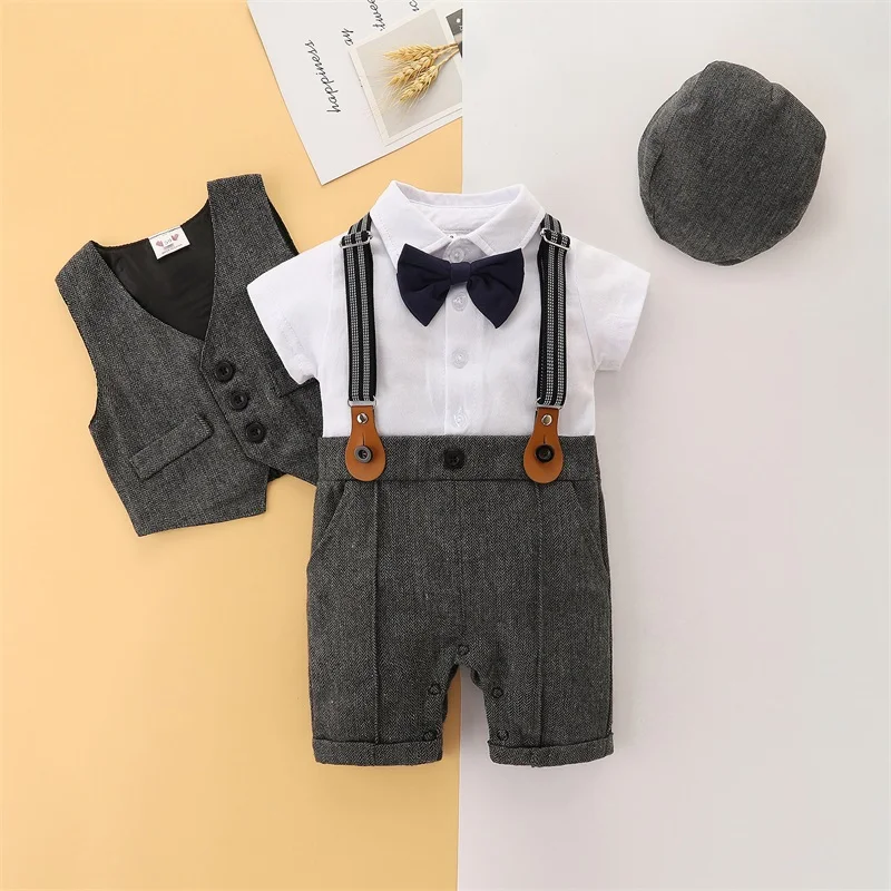 

New Fashion Baby Boys Jumpsuit Set Gentleman Short Sleeve Romper + Gilet + Hat Summer Outfit 0-24 Months Hot Sale