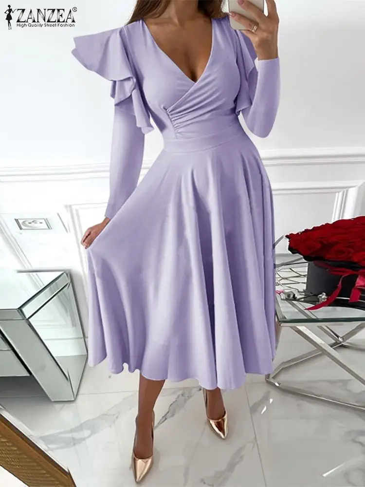 

2022 женское сексуальное платье миди с v-образным вырезом, офисные женские платья с длинным рукавом, элегантные вечерние платья с оборками, ...