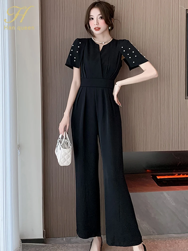

H Han Queen 2023 Summer Elegant Fashion Beading Jumpsuits Women Wide Leg Long Playsuits Casual Office Professional Wear Rompers