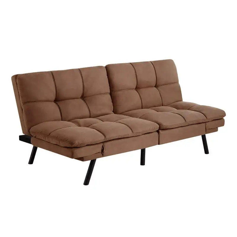

Foam Futon with Adjustable Armrests, Camel Faux Suede Fabric