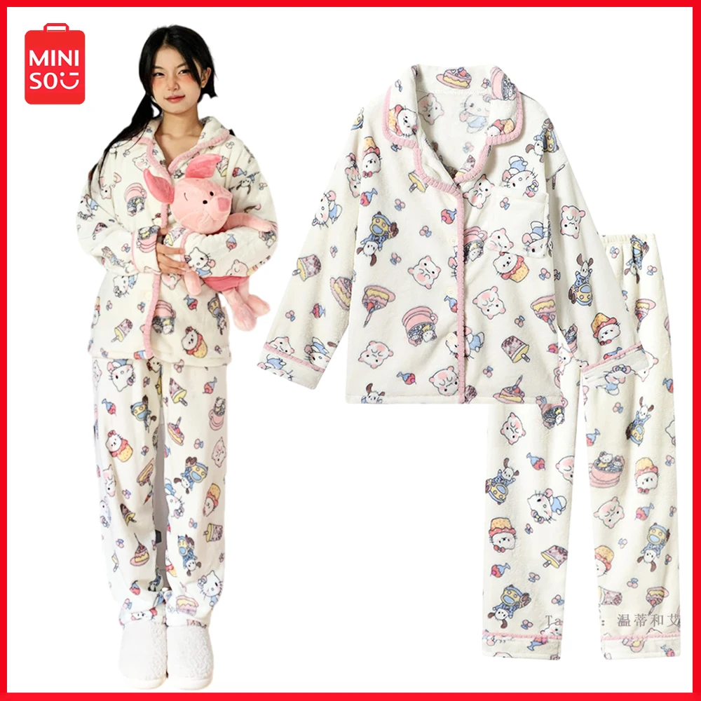 

Sanrio Hellokitty Coral Fleece Pajamas Female Winter Thickened Padded New Homewear Suit Long-Sleeved Pants Warm Worn Outside Set