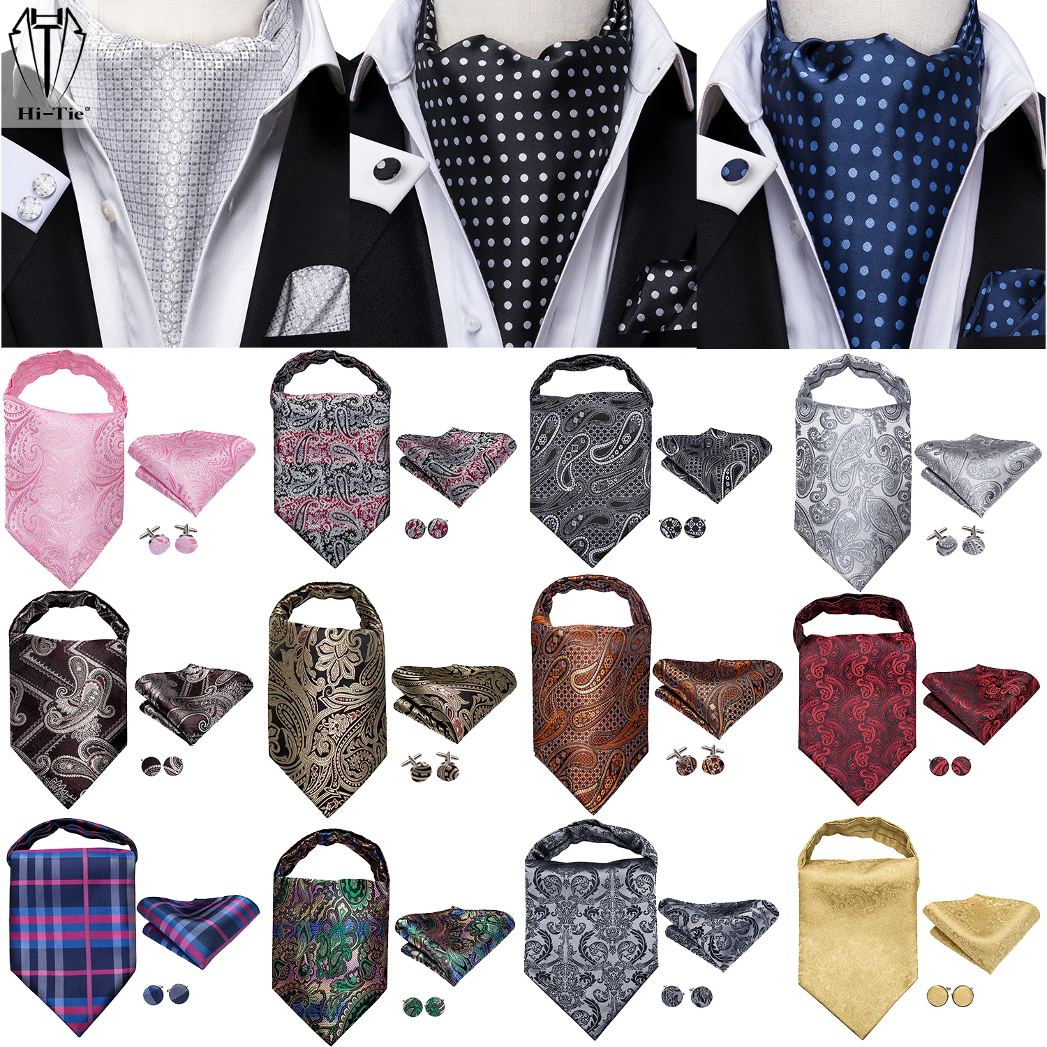 Hi-Tie шелковые мужские Ascots Hanky запонки набор Жаккард Пейсли Цветочный галстук-бабочка винтажный Ascot черный серый красный золотой розовый синий