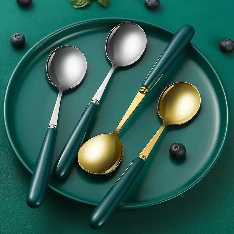 

Dark Green Handle Gold Spoon High Color Stainless Steel Coffee Spoon Dessert Spoon Tableware Spoon Mixing Western Food Spoon