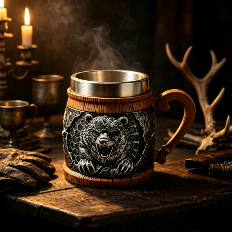 Фото Кружка для пива Viking Wild Bear: резиновая, с тиснением, деревянной изогнутой ручкой, внутренней колбой из нержавеющей стали. Идеально для бара, коктейлей, виски. Отличный подарок на день рождения. №5