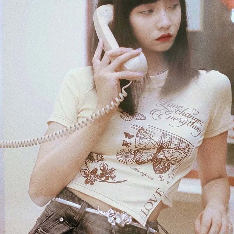 

Dinboa-2022 T-shirt Imprim Papillon Y2k Rtro Pour Femme, Haut Dcontract, Goth Harajuku, Nombril Irrgulier, Esthtique