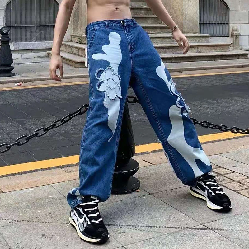 Harajuku Graffiti Flower Embroidery Ripped Denim Pants for Men and Women Straight Oversize High Street Casual Jeans Trousers