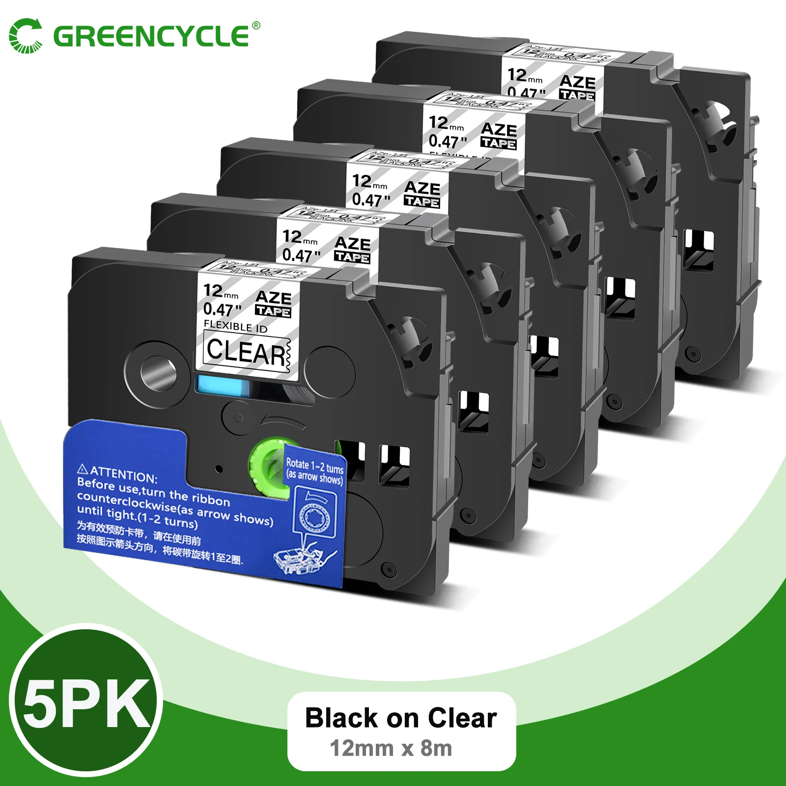 Лента для этикеток 6/9/12/18/24 мм совместимая с Brother Tze 131 Tz141 цвет черный на прозрачном