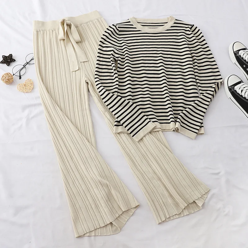 

Summer Two Piece Outfits For Women Striped Long Sleeve T shirt+High Waist Wide Leg Pants Korean Fall Clothes Suit 2 Piece Set