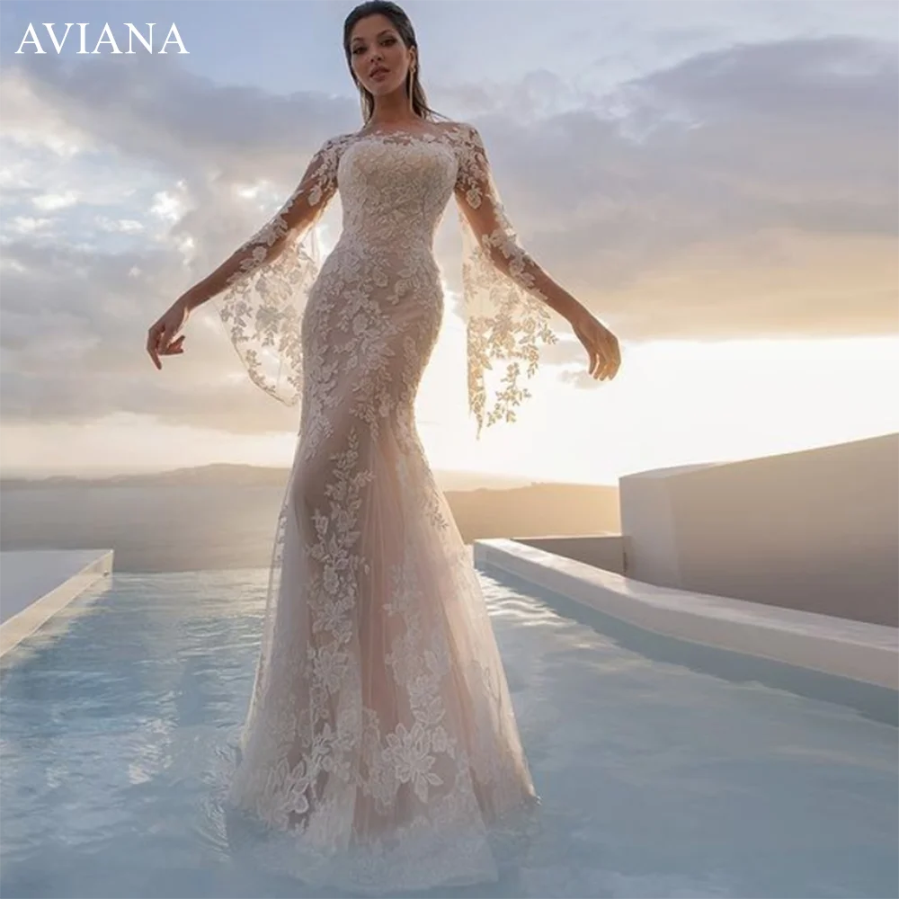 

Aviana Illusion O-Neck Wedding Dress For Women 2023 Flare Sleeves Lace Appliques Backless Mermaid Bridal Gown Vestidos De Noiva