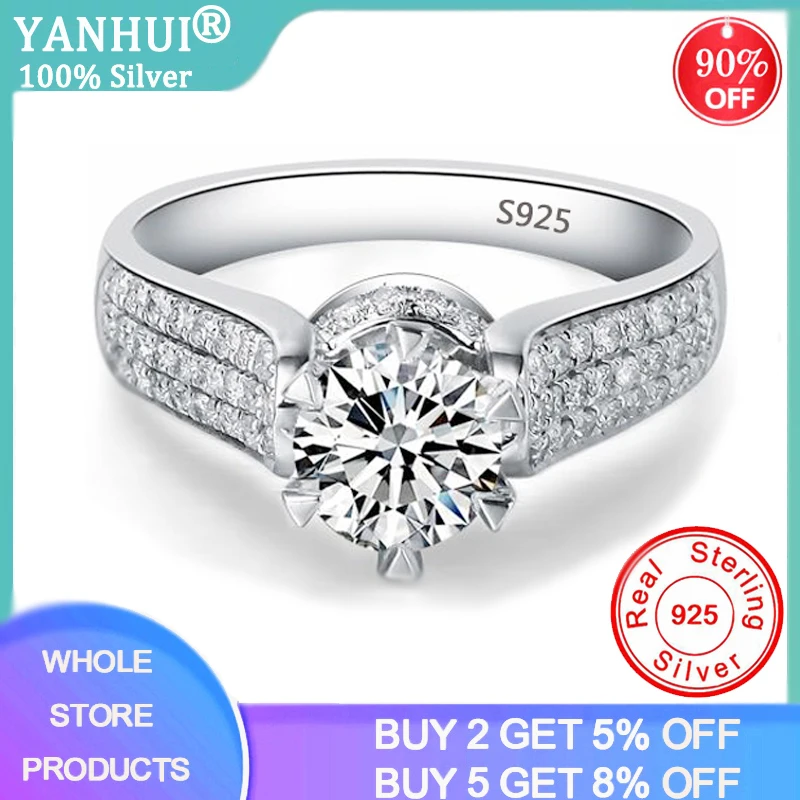 

YANHUI Classic Luxury Real Solid Tibetan Silver S925 Ring 1Ct 10 Hearts Arrows Zirconia Diamond Wedding Jewelry Rings For Women