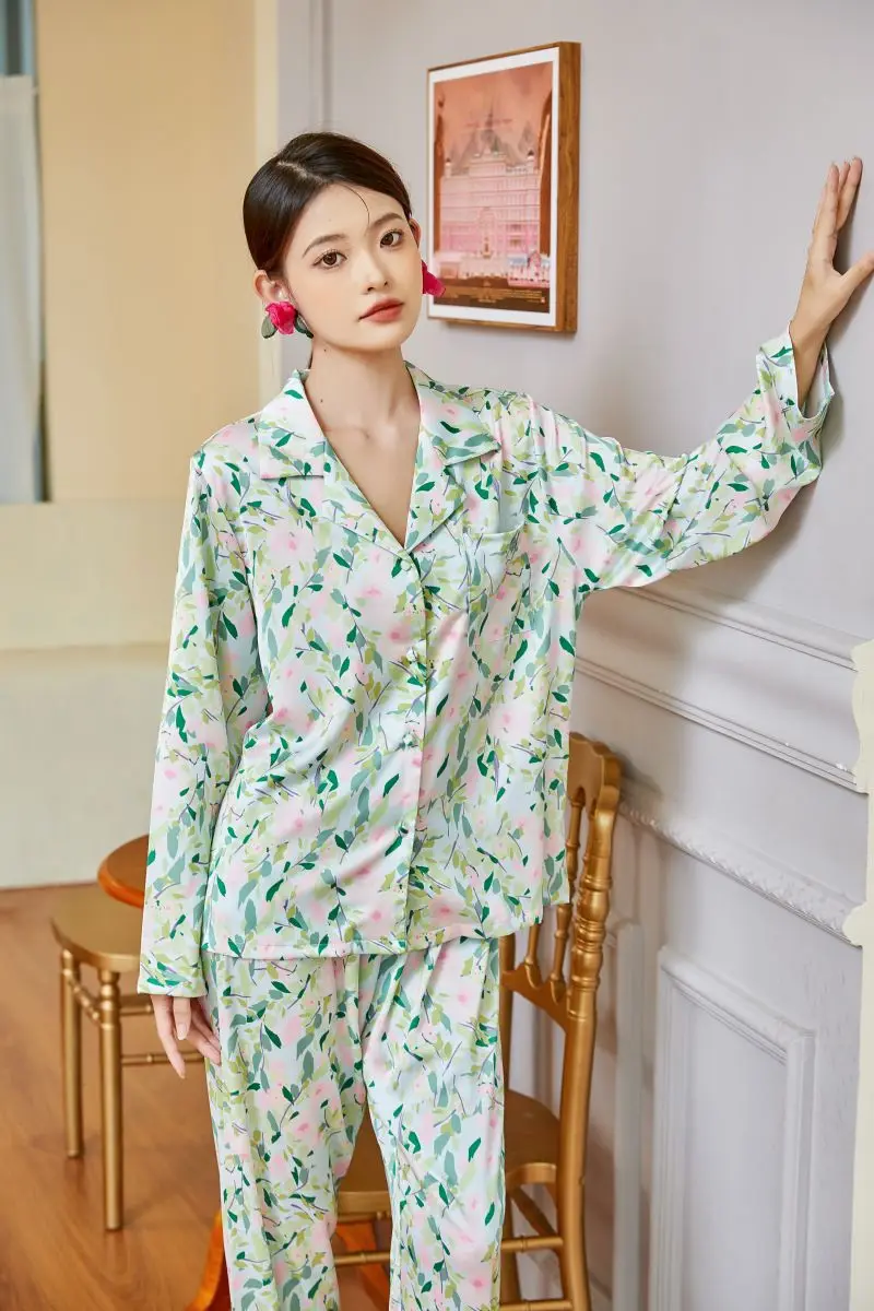 2022 new pajamas women's pastoral style floral ice silk homewear suit  pigiami donna pajamas for women
