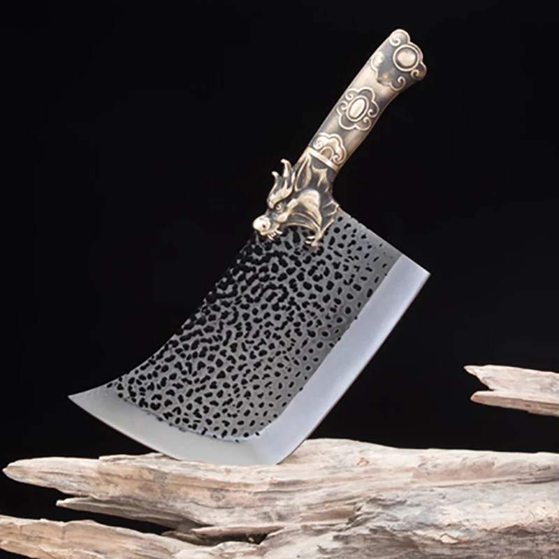 

9 Inch Longquan Knives Copper Handle Handmade Forged Sharp Chop Hatchet Machete Kitchen Knife Big Bone Meat And Poultry Tools
