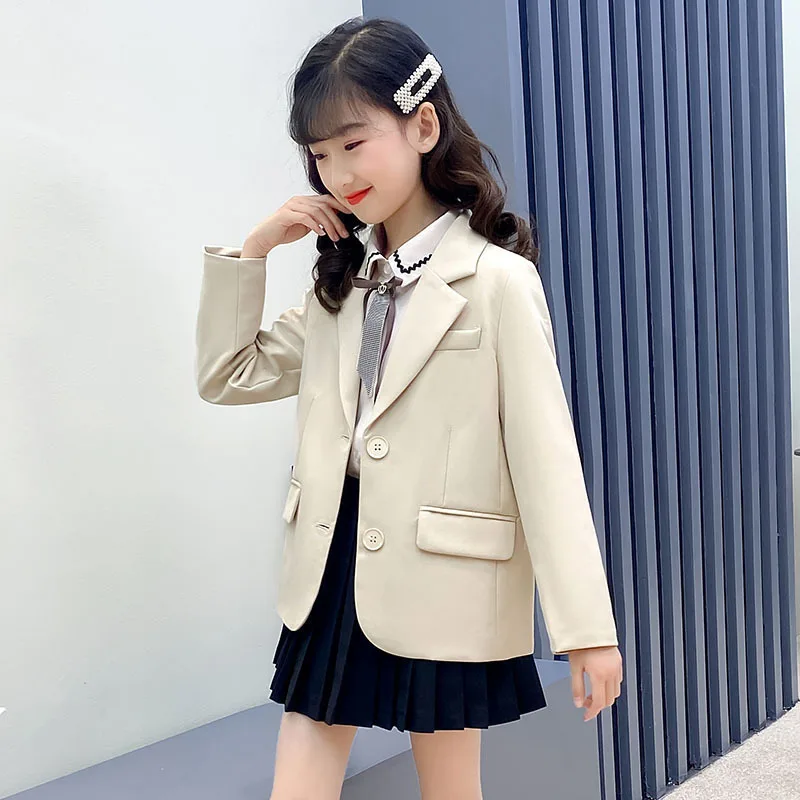 

New Fashion Teenage Blazer Jacket Girls British Style Casual Suit Jacket Child Solid Color Outerwear Girl Long Sleeve Tops 4-14Y