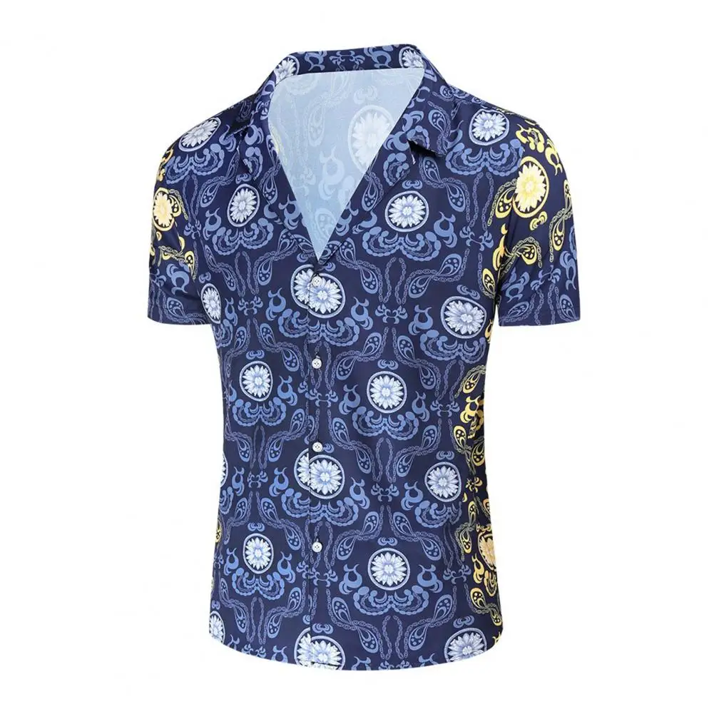 

Vintage Easy to Match Short Sleeves Turn-down Collar Men Tops Daily Garment