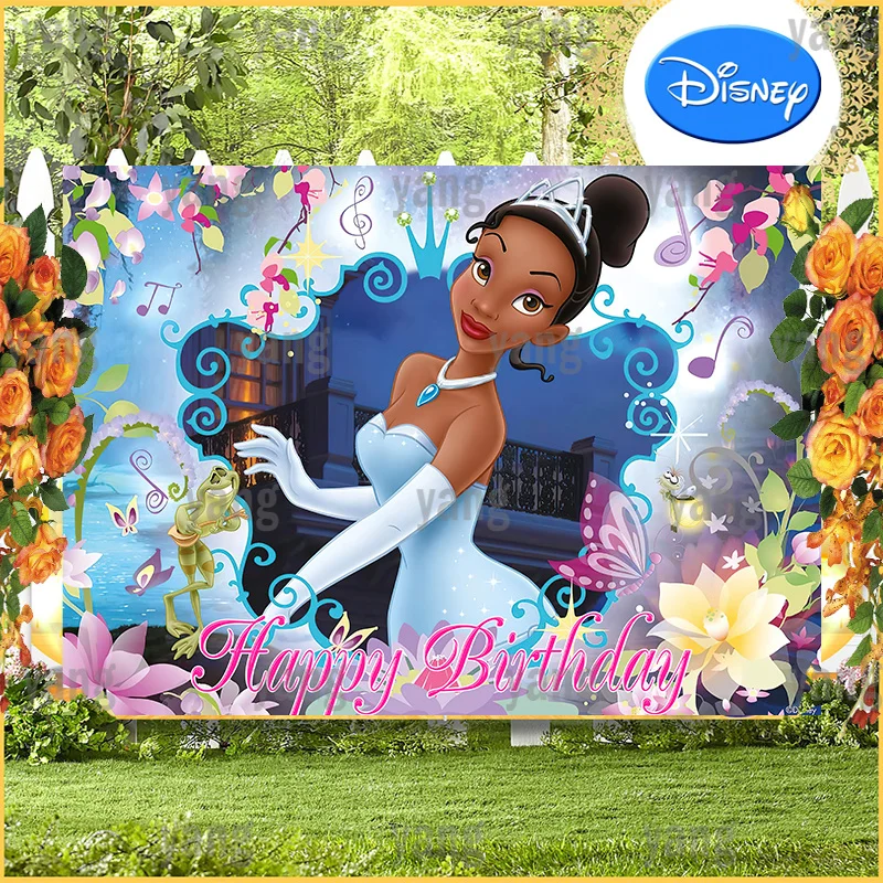 Disney Princess Tiana and The Frog Baby Shower Colorful Flowers Backdrop Girl Birthday Party Cake Banner Background Decoration