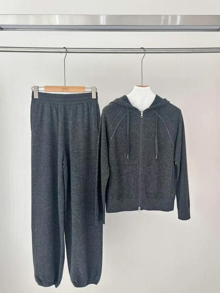 Autumn B*C Women 100% Cashmere Set Long Sleeve Hooded Cardigan or Elastic Waist Wide Leg Pants Casual Female Knitted Suit