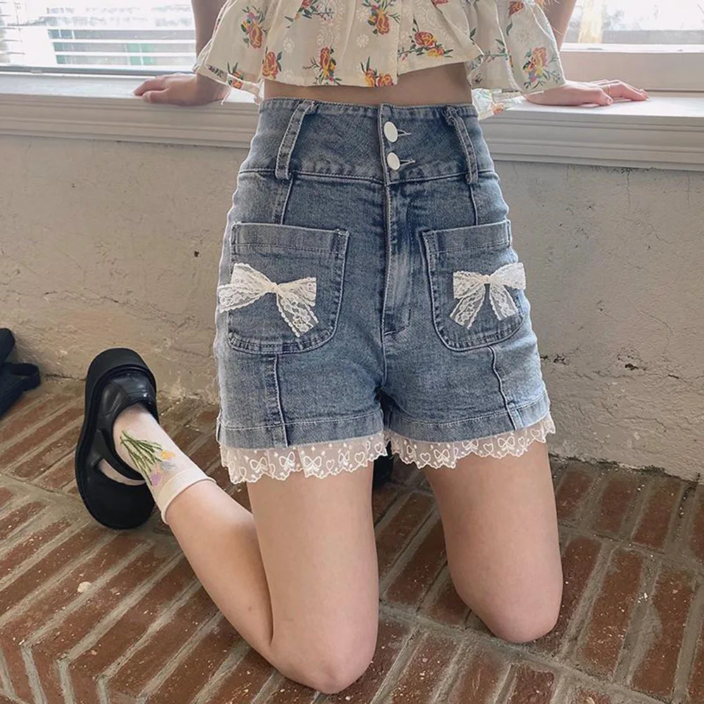 

Sweet Lace Bow Denim Shorts Women 2022 Summer Women's Bottoms Japanese Cute E-Girl Fashion High Waist Short Jeans Straight Pants