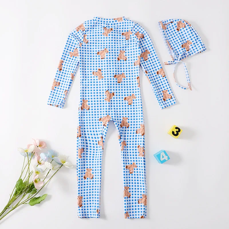 Детские купальники для девочек купальник в клетку с мультяшным медведем и шапкой