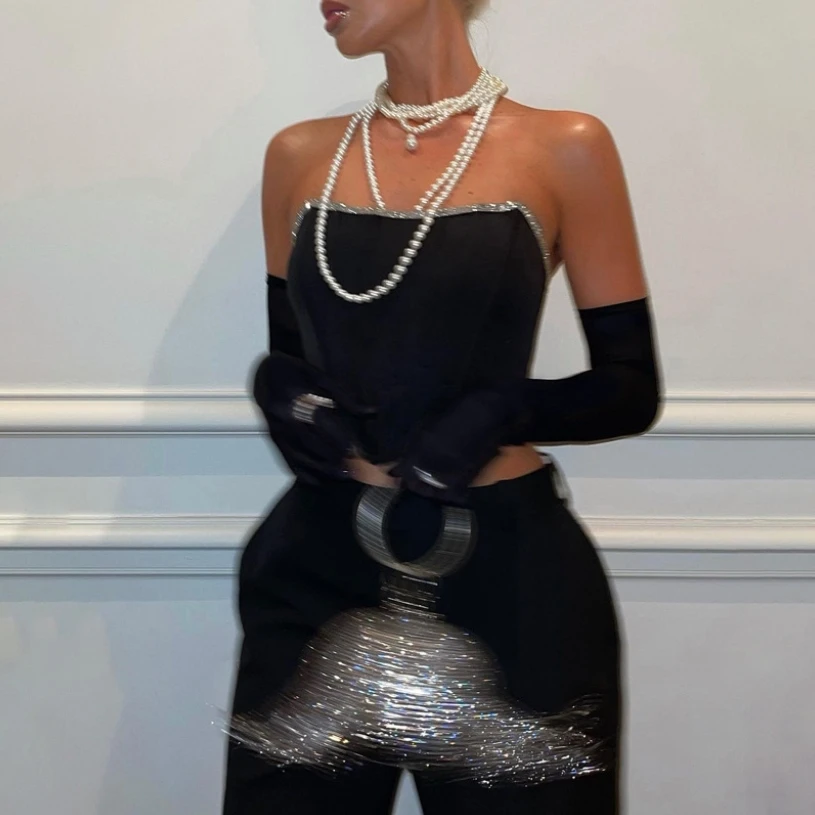 

Женский укороченный Топ без бретелек, черный однотонный Привлекательный Топ с оборками на груди и нарукавниками, уличная одежда, Новинка лета 2022