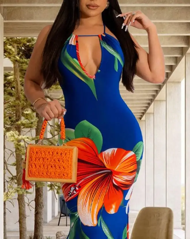 

Elegant Dresses for Women Sexy Sleeveless Floral Print Halter Backless Maxi Dress New Fashion 2023 Summer Casual Vacation