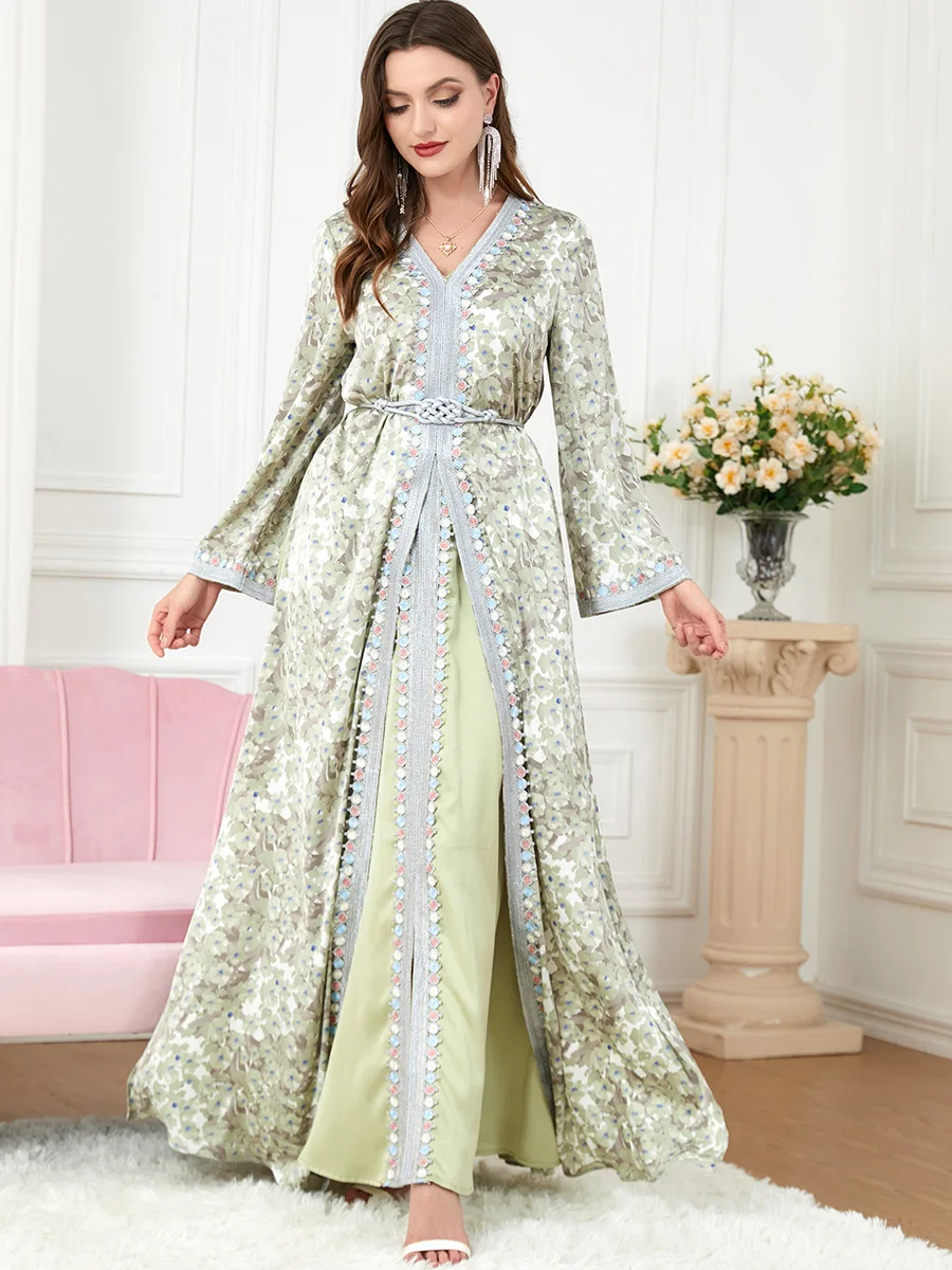 

Abayas Women Muslim Dress Two Pieces Sets Floral Morocco Party Dresses Lace Belted Kaftan Split Hem Dubai Turkey Arabic Robe