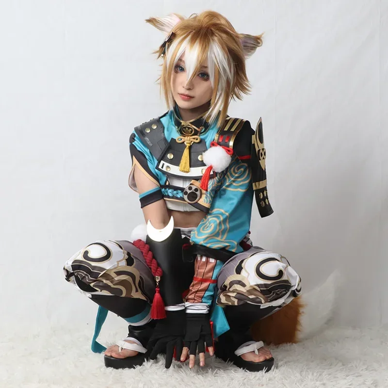 Гото косплей костюм genshinimpact goalou мужской синий лиса мальчика Хэллоуин брюки хвост