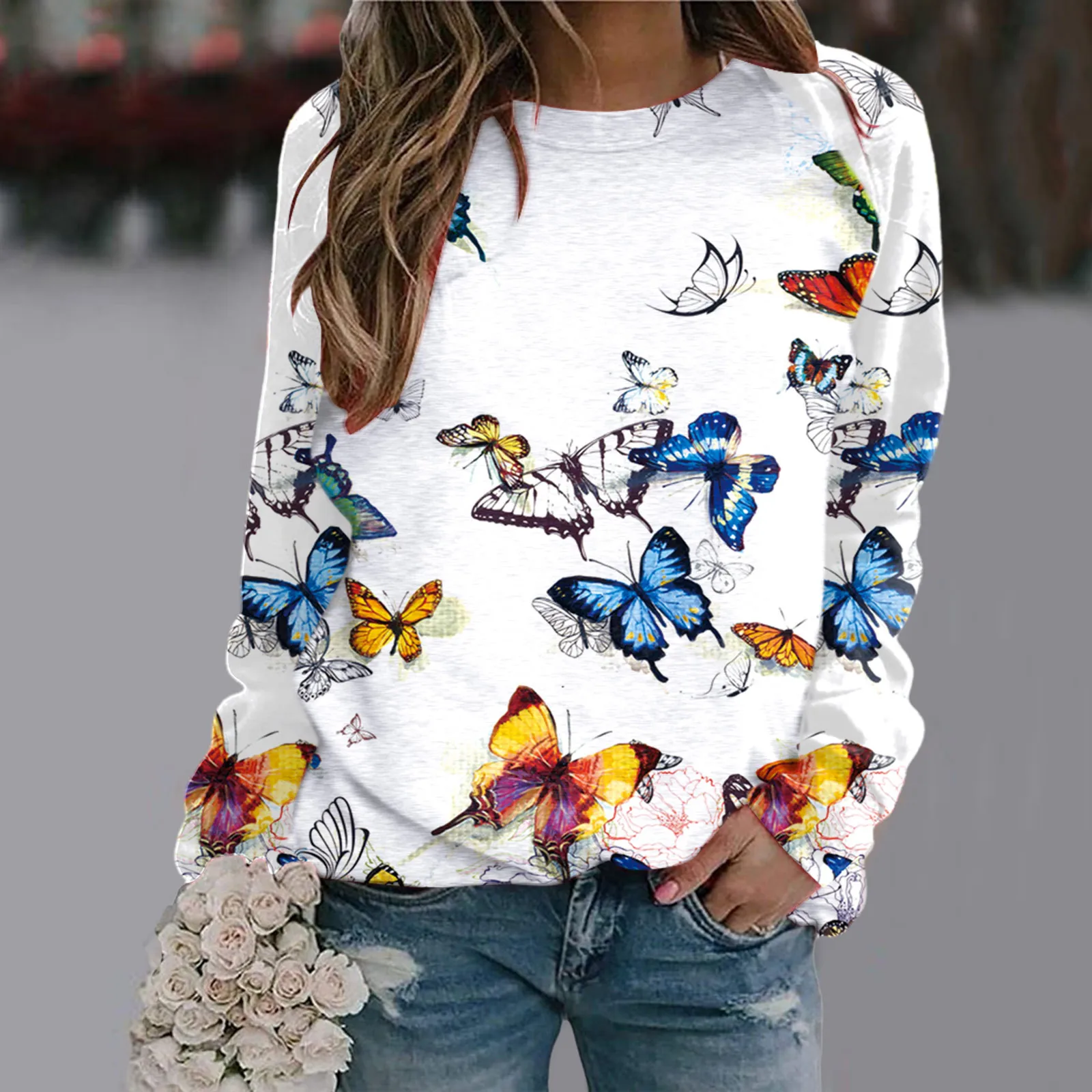 

Ladies Casual Print Fashion Long Sleeve Casual Hoodless Sweatshirt Sweatshirt Quarter Zip Pullover Womens