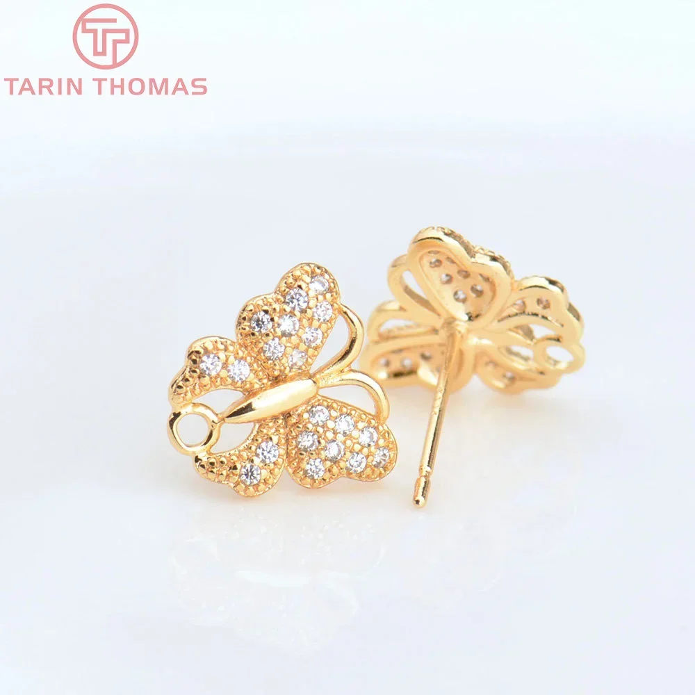 (4541) 4 шт. 11x11 мм 24-каратное золото латунь с цирконом серьги-гвоздики-бабочки