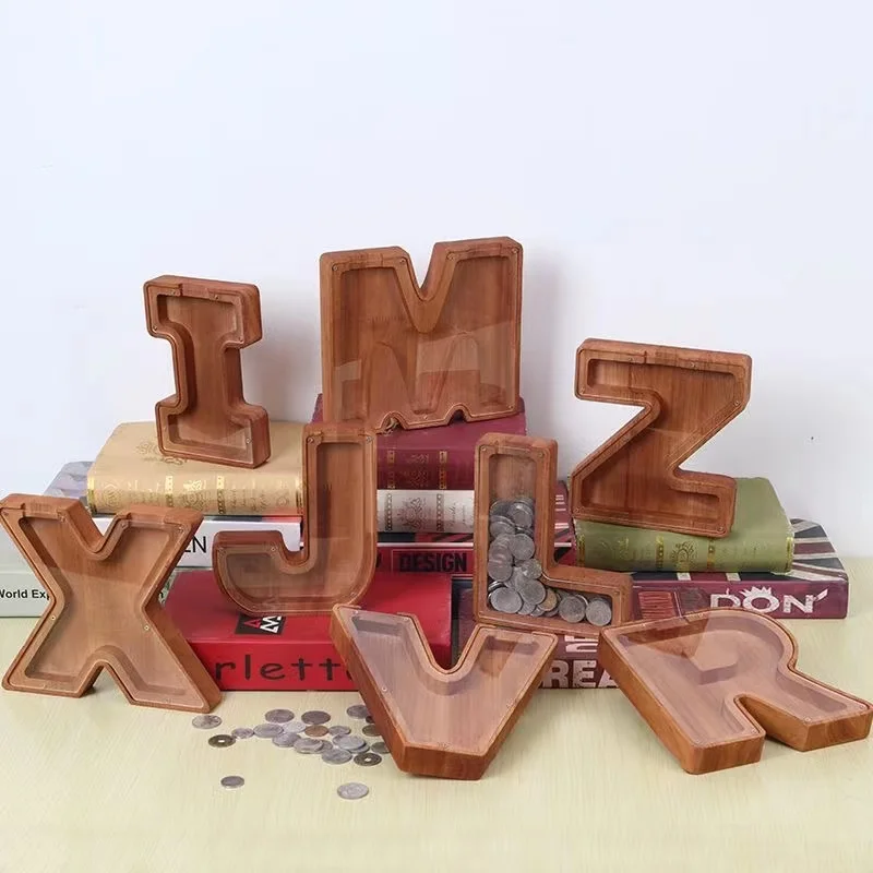 

26 Letter Wooden Piggy Bank with Name Sticker Personalized Transparent Glass Money Box for Kids Children Gift Home Decoration
