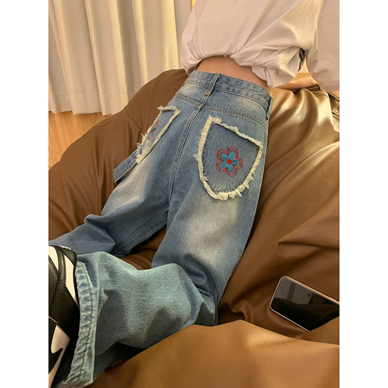 Fashion Denim Wide Leg Vintage Baggy Blue Women's Jeans Straight y2k Loose High Waist Trousers Flower Printing Streetwear Pants