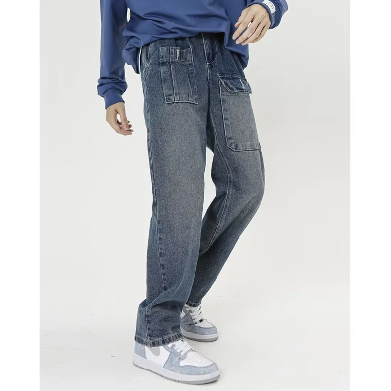Men Clothing 2022 New Large Pocket Design Blue Jeans Temperament Versatile Wide Leg Straight Cylinder Cargo Pants Autumn Female