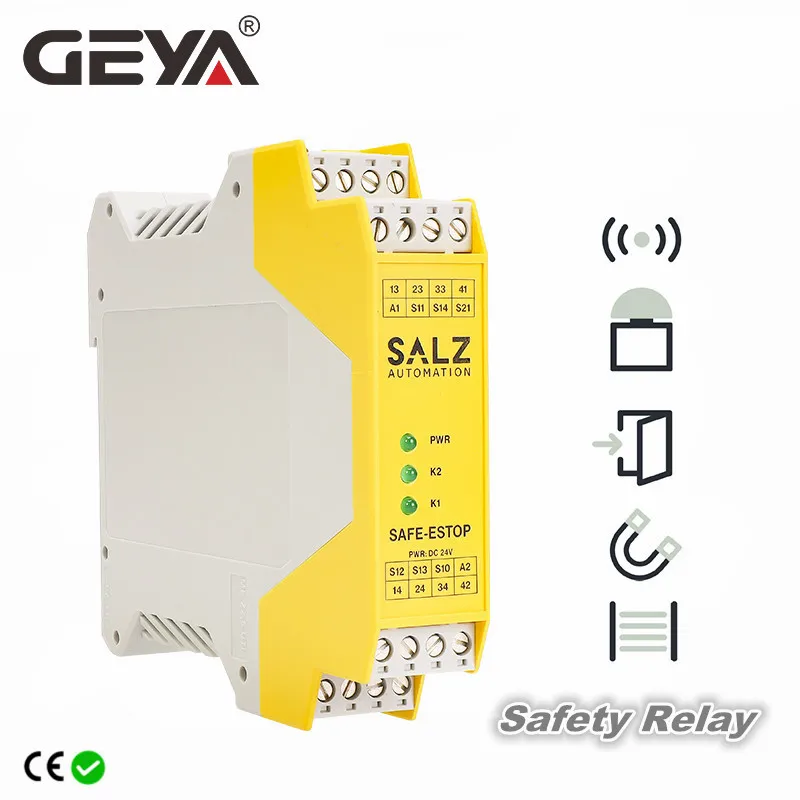 

GEYA SAFE-ESTOP DC24V Grating Safety Relay E-Stop monitoring up to SIL3 Level Safety Light Curtain Protection 22.5mm