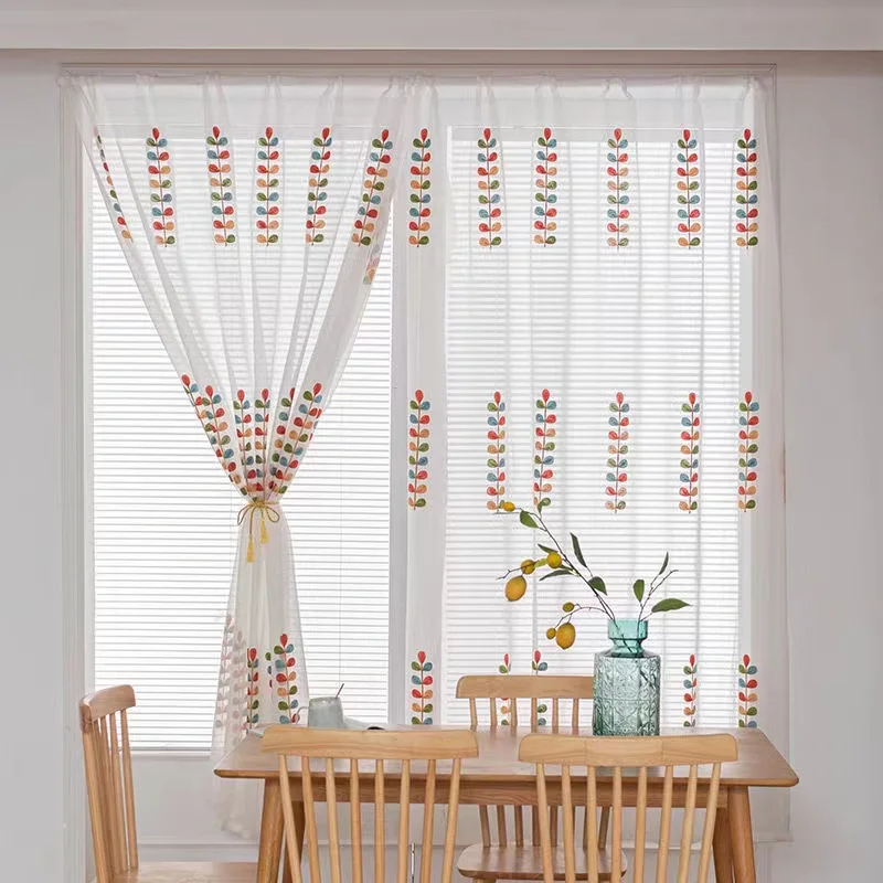 

BILEEHOME Modern Tricolor Leaves Embroidery Tulle Curtains For Living Room Bedroom Voile Sheer for Children Bedroom Blinds Draps