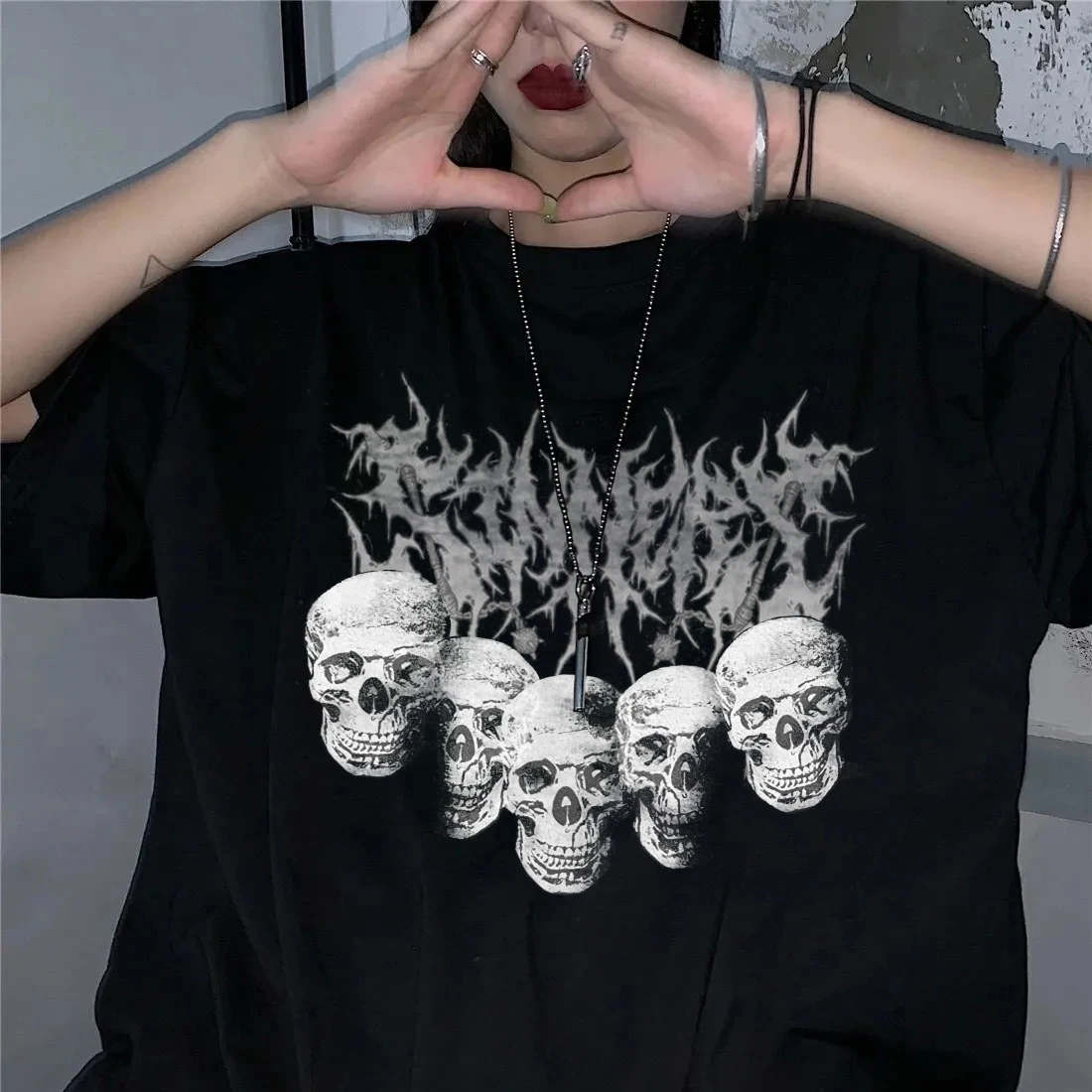 Black Oversized T Shirt  Harajuku Y2k Short Sleeve T-Shirts Women Summer Gothic T Shirt Punk Goth Streetwear Tops Loose Tee Tops