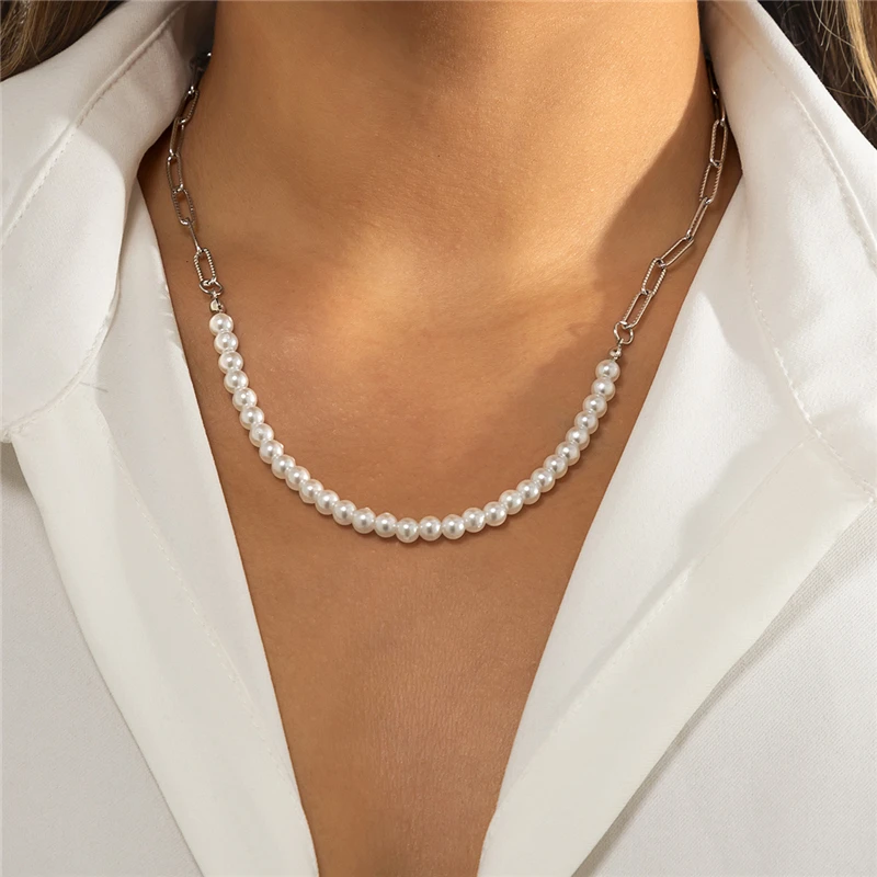 

XINSOM Elegant Pearl Necklace For Women Gold Silver Color Link Chain Party Wedding Necklace Collier Femme Fashion Jewelry Gift