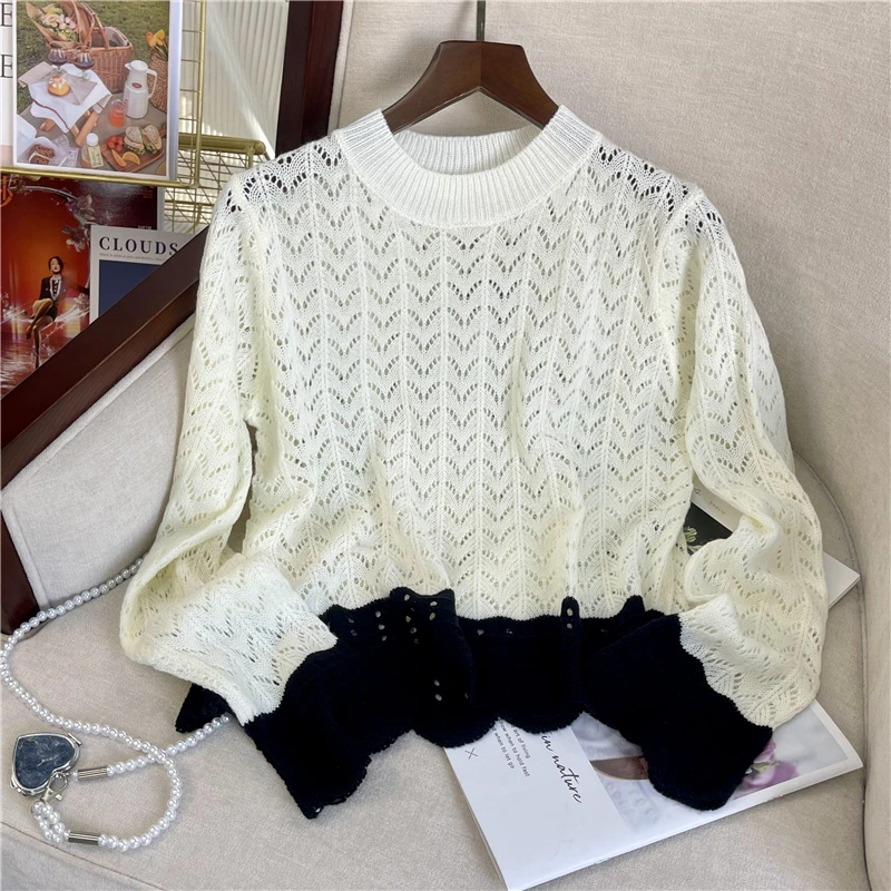 

Y2K Contrasting Color Cropped Sweater Women Harajuku Hollow Out Knitted Jumper Korean Streetwear Loose Pullover Tops