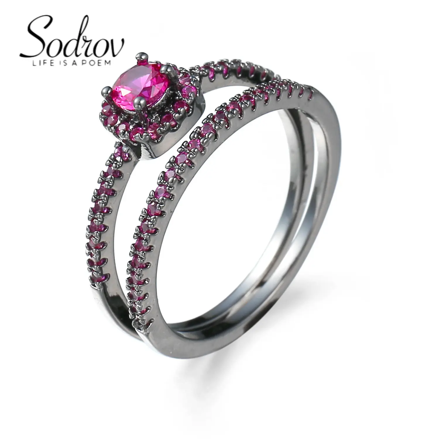 

SODROV Black Gold Color Red Zircon Ring Sets for Women Jewelry Ring