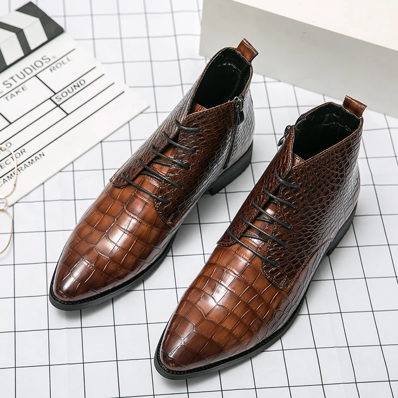

Daily Chelsea Boots Men High Top PU Stone Pattern Low Heel Pointy Tie Fashion Business Banquet Boots Large Size 38-48 Men Boots