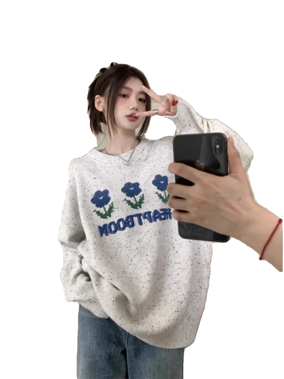 Женский мягкий клейкий свитер с цветочным узором Свободный пуловер в Корейском
