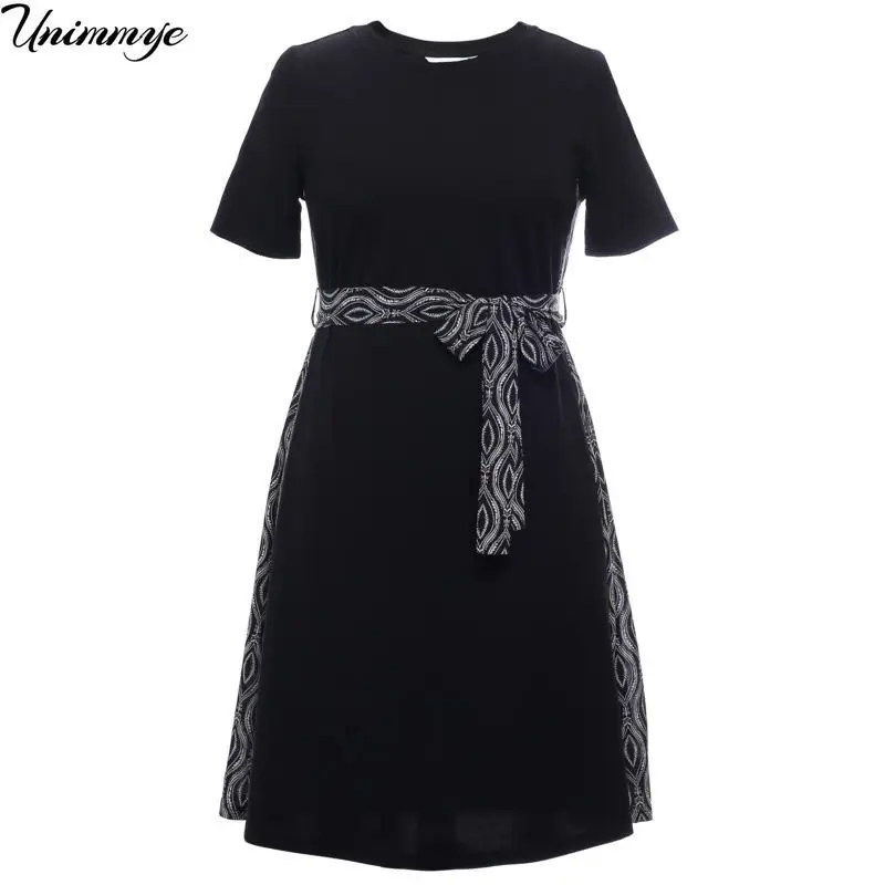 

Women O-Neck Dresses Elegant Patchwork Print Short Sleeve Lace Up Midi Dress New Summer Office Lady Party Vestidos 6XL J436
