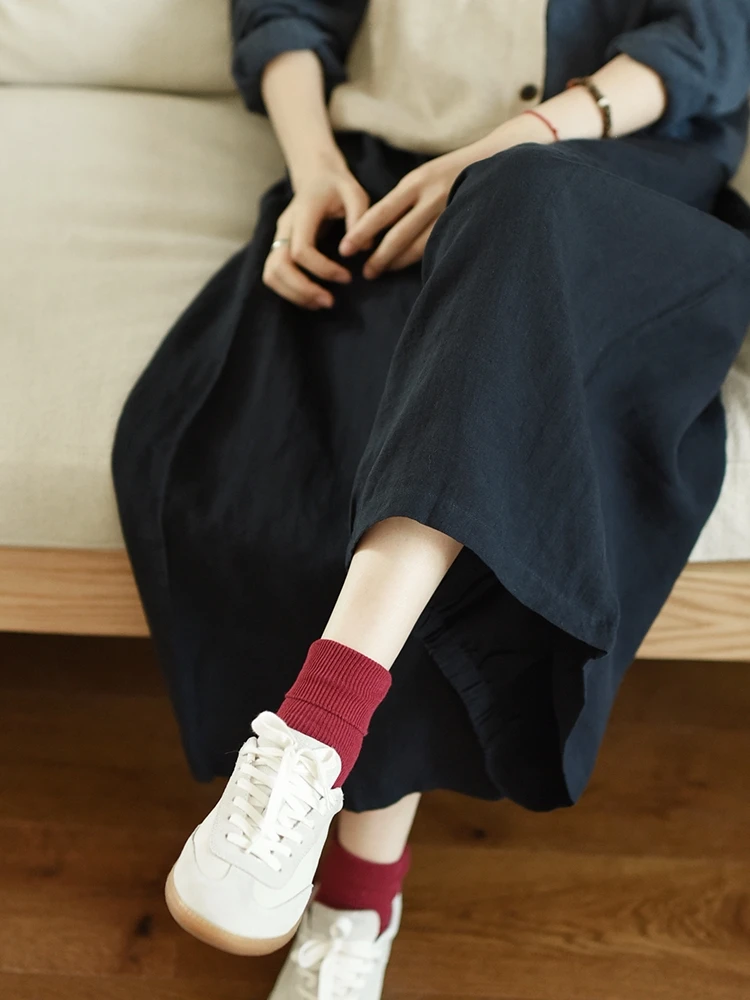 64-102cm Elastic Waist / Spring Summer Women Casual Loose Japan Style Blue Comfortable Natural Linen Trousers Pants