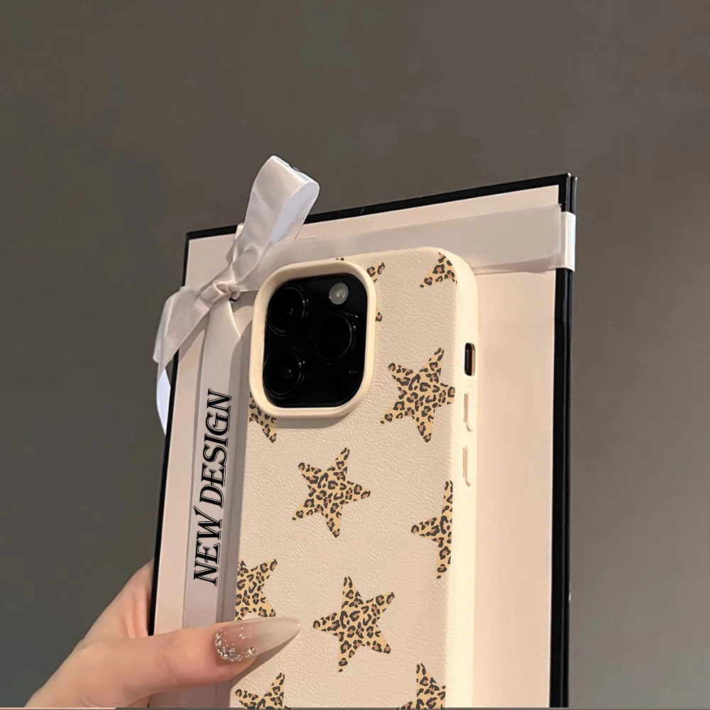 Фото Чехол из кожи личи с принтом дикого леопарда и звездным дизайном для iPhone 17 Air 16 15 14 13 12 11 Pro Max Plus X, стильная защита. №3