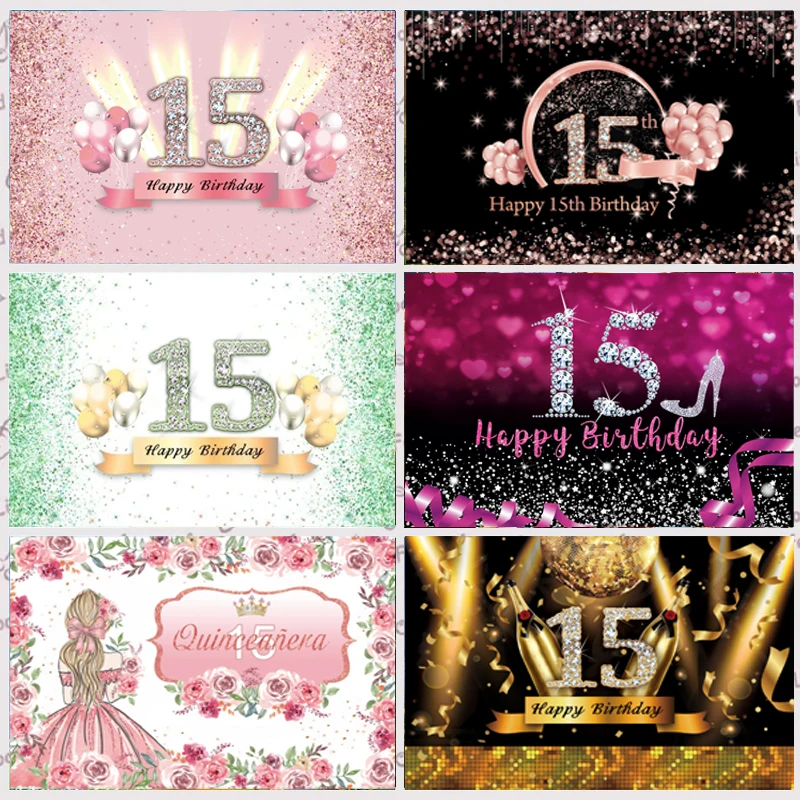 15 ° telón de fondo para fiesta de cumpleaños de niños y niñas, cartel de decoración para estudio fotográfico, rosa, oro, 15 años