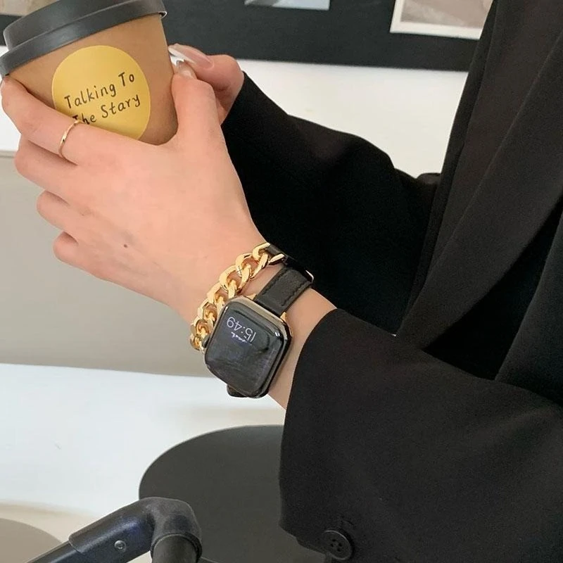 Фото Женский черный золотой металлический ремешок-цепочка для Apple Watch 11 10 9 8 7, браслет для IWatch 38 42 мм 44 45 46 мм, аксессуары №3