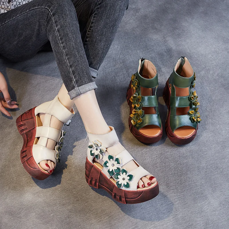 

Женские босоножки на танкетке, из натуральной кожи, на высоком каблуке