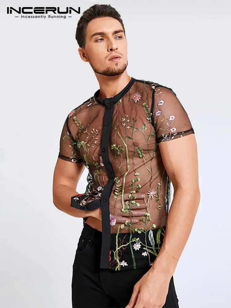 

INCERUN Leisure Embroidered Button Camisa 2022 Fashion Printed Shirts Men Short Sleeve V Neck Blouse Man See Through Chemise 5XL